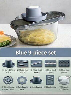 NEW 9 In 1 Manual Plastic Vegetable Chopper/Slicer/Dicer/Cutter With Colander